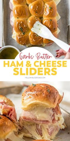 ham and cheese sliders on a tray with dipping sauce