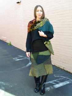 Patchwork Skirt by Butapana Brown Patchwork Skirt For Fall, Fall Patchwork Brown Skirt, Colors Of Green, Patchwork Skirt, Knit Skirt, Mid Length, Drawstring Waist, Made In Japan, Green Colors