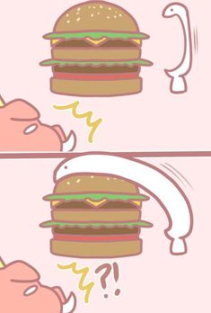 two cartoon images one with a giant hamburger and the other with a smaller burger in it