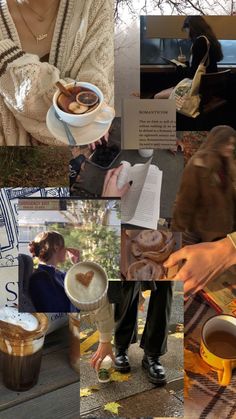 a collage of photos with coffee and food