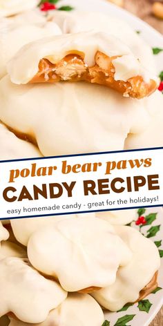 a white plate topped with dumplings covered in icing next to a sign that says polar bear paws candy recipe