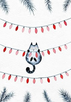 a watercolor painting of a cat sitting on a string with christmas lights hanging from it