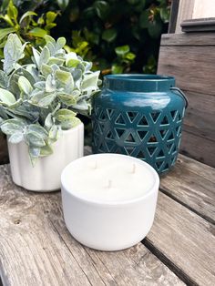 two white candles sitting on top of a wooden table next to some potted plants