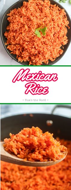 an image of mexican rice being cooked in a skillet with the title above it