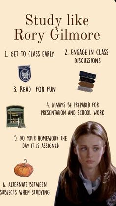 a poster with information about how to study like roxy gitmore and other things