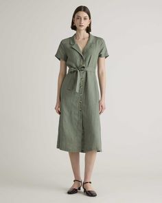 100% European Linen Button Front Dress Spring Linen Button-up Dress, Fitted Button-up Linen Dress, Knee-length Linen Midi Dress With Button Closure, Beige Button-up Linen Dress, Knee-length Linen Dress With Button Closure, Midi Dress Outfit, Quince Dress, Linen Midi Dress, Button Front Dress