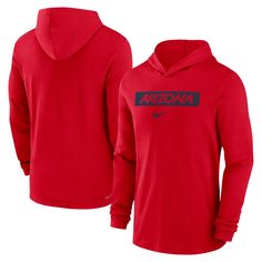 Step out in Arizona Wildcats spirit with this Sideline T-shirt from Nike. It features a team wordmark across the front on moisture-wicking Dri-FIT fabric. The attached hood offers extra coverage, perfect for cheering the Arizona Wildcats to a win. Nike Cotton Moisture-wicking Hoodie, Nike Cotton Hoodie With Moisture-wicking, Game Day Long Sleeve Sportswear Tops, Game Day Sportswear Tops With Long Sleeves, Sportswear Long Sleeve Tops For Game Day, Long Sleeve Sportswear Tops For Game Day, Red Athleisure Top With Logo Print, Hooded Tops For Fan Merchandise, Sports Team Logo Hooded Top