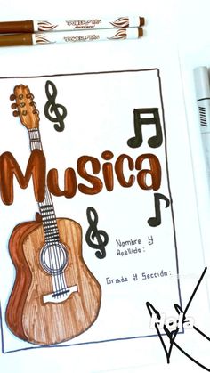 a drawing of an acoustic guitar with musical notes on it and pencils next to it