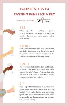 Four S Steps to Tasting Wine Like a Pro: See, Swirl, Smell and Sip! Wine Events Ideas, Wine Tasting Ideas Events, Wine Tasting Party At Home, Wine Tasting Notes Printable, Wine Tasting Sheet, Diy Wine Tasting, Galentines Night, Birthday Loading, Blind Wine Tasting Party