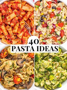 four different pasta dishes with the words 40 pasta ideas