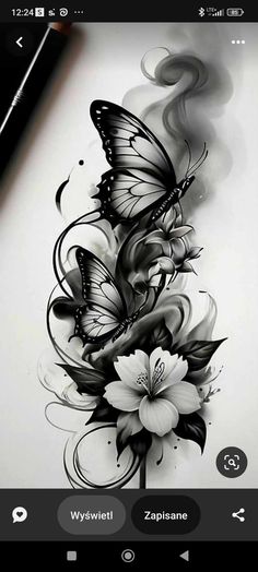 a black and white photo with flowers and a butterfly on the back of its wings