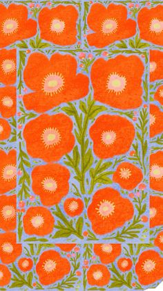 an orange and green floral design on a blue background