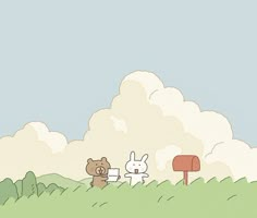 a cartoon bear and bunny are standing in the grass near a mailbox with clouds behind them