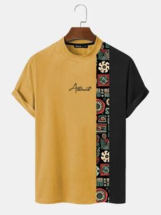 Mensclo Mens Letter Geometric Print Patchwork Mock Neck Short Sleeve T-Shirts on sale-NewChic Mobile Mock Neck Short Sleeve, Tee Shirt Designs, Trendy Shirts, Design Element