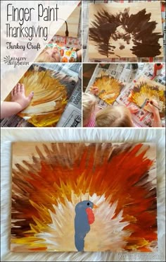 this is a collage of pictures showing how to make finger paint thanksgiving turkeys