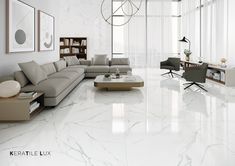 a modern living room with marble flooring and white walls