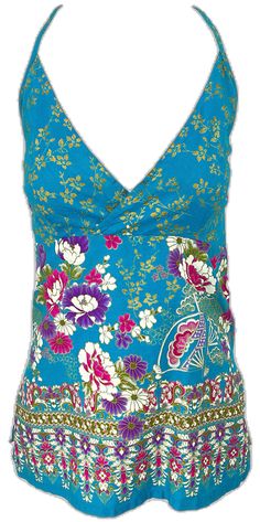 Blue Hippie V-neck Top, Blue V-neck Hippie Top, Cotton V-neck Hippie Top, Bohemian Fitted Tops With Vibrant Print, Fitted Bohemian Tops With Vibrant Print, Bohemian Fitted Top With Vibrant Print, Fitted Bohemian Top With Vibrant Print, Retro Blue Floral Print Tops, Bohemian Turquoise Floral Print Top