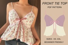 Front Tie Top Sewing Pattern Summer Top for Beginners - Etsy Summer Outfits Sewing Patterns, Sewing Pattern Summer Top, Sewing Projects Shirts, Sewing Ideas For Beginners Clothes, Summer Tops Sewing Patterns, Sewing Summer Tops, Sewing Cute Tops, Cute Clothes To Sew, Sew Summer Tops