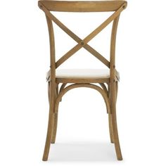 a wooden chair with a white seat and back rest on a white background the chair has a cross - back design