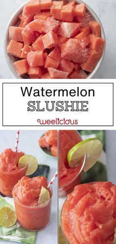 watermelon slushie in a bowl with limes on the side