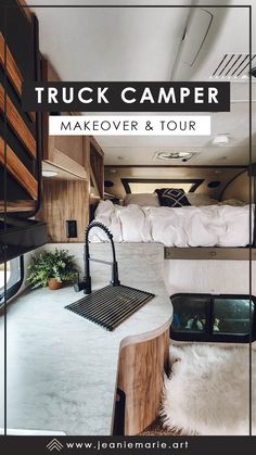 the interior of a truck camper with text overlay that reads, truck camper makeover and tour