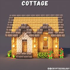 a small house made out of wood and stone with the words cottage in front of it