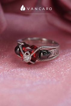 Gothic Lock Skull Engagement Ring Women Garnet Red Heart Skull Engagement Ring, Engagement Ring Women, Gothic Ring, Silver Engagement Ring, Garnet Red, Gothic Skull, Gothic Rings, The Gothic, Sterling Silver Engagement Rings