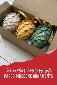 the perfect hostess gift paper pinecone ornament set in a cardboard box