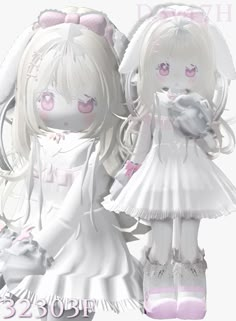 two dolls dressed in white are standing next to each other