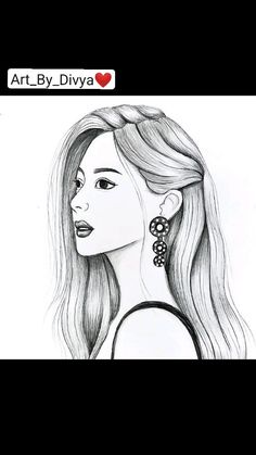 a drawing of a woman's face with long hair and earrings on her ear