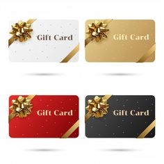 four gift cards with gold bows and ribbons