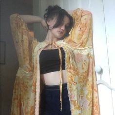 Below Knee Length Mesh Kimono With Lace Seams. Ties At Top Mesh Kimono, Fashion 2025, Kimono Floral, Free People Jacket, Floral Color, Orange Pink, Color Orange, Pink And Orange, Knee Length