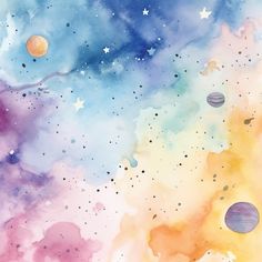 watercolor painting with planets and stars in the sky