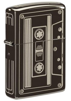 a black and white zippo lighter with an old school cassette design