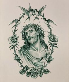 a drawing of jesus surrounded by roses and birds