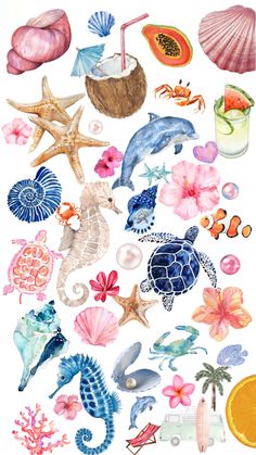 watercolor painting of sea animals and seashells