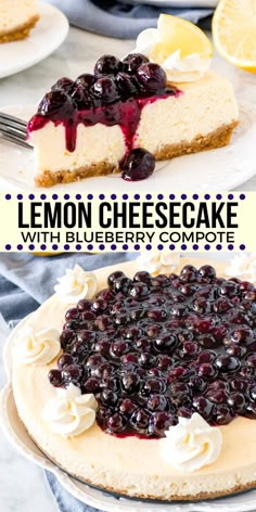 lemon cheesecake with blueberry compote on top and the title above it