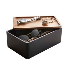 PRICES MAY VARY. DIMENSIONS AND WEIGHT: This product is 4.92 x 7.28 x 2.76 inches (L x W x H) and weighs 1.57 pounds. [Keep what may otherwise lay strewn about your desk attractively organized.] This beautiful box has sufficient space to hold two pairs of glasses or sunglasses in addition to watches or other accessories. [The recessed surface of the wooden lid doubles as a tray both when it's on or removed from the box, allowing for extra storage and display options.] [The lid's lacquer coated natural wood is gorgeous whether on its own or blending with whatever item you choose to display on it, while the polystone body provides weight, durability, and presence.] [The product can be gently cleaned with a damp cloth, and should be wiped dry immediately.] COLLECTION: Say Hello to Rin, a coll Black Rectangular Cosmetic Storage Bag, Rectangular Jewelry Storage Gift Box, Elegant Portable Rectangular Jewelry Storage Case, Travel Jewelry Storage Rectangular Case, Luxury Jewelry Storage Box, Rectangular, Home Accessory, Stacked Jewelry, Extra Storage, Accessories Storage