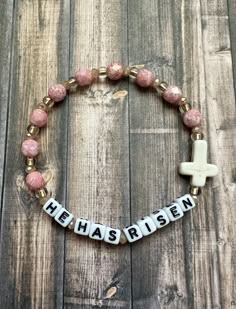 Christian Pony Bead Bracelets, Words Bracelets Beads, Christian Bracelets Women, He Is Risen Bracelet, Diy Cross Bracelets, Christian Craft Ideas To Sell, Christian Clay Bracelet Ideas, Beaded Cross Bracelet, Christian Clay Bead Bracelet Ideas