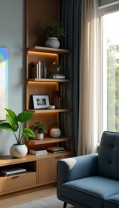 a living room filled with furniture and a painting on the wall above it's shelves