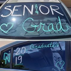 two side by side pictures of a car with the words senior and graduate written on it