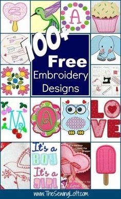 the cover of 100 free embroidery designs for children's crafts and sewing projects, including cupcakes