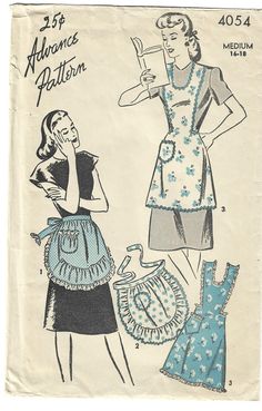 two women in aprons and dress patterns, one is wearing an apron while the other has