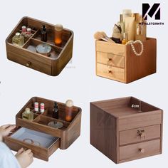 four wooden drawers with compartments for cosmetics and personal care items, one is open to show the contents