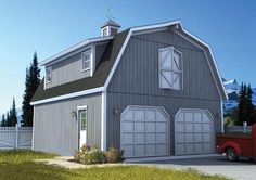 a red truck is parked in front of a gray barn with two doors and windows