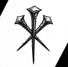 a black and white drawing of two crossed swords with diamonds on each side, in the shape of an x