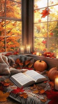 an open book sitting on top of a bed next to candles and pumpkins in front of a window