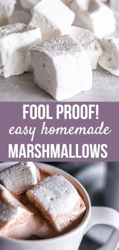 marshmallows in a mug with text overlay that reads fool proof easy homemade marshmallows