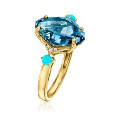 Ross-Simons - 5.25ct London Blue Topaz Ring, 2.5mm Turquoise Beads, Diamond Accents. Size 7. Looking lovely in a lush palette of bold blues, this statement ring adds instant originality to your many ensembles. A 5.25 carat marquise London blue topaz is flanked by bright 2.5mm round stabilized turquoise beads and sparkling round brilliant-cut diamond accents in a captivating show of eclectic glamour. Finely crafted in polished 14kt yellow gold. 1/2" wide. Turquoise bead and London blue topaz ring Luxury Yellow Gold Topaz Ring Fine Jewelry, Fine Jewelry Yellow Gold Multi-stone Topaz Ring, Luxury Gold Multi-stone Topaz Ring, Elegant Multi-stone Topaz Ring In 14k Gold, Luxury Multi-stone Topaz Ring In 14k Gold, Topaz Birthstone, London Blue Topaz Ring, London Blue, London Blue Topaz