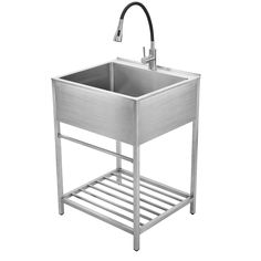 a stainless steel sink with the faucet attached to it's side shelf